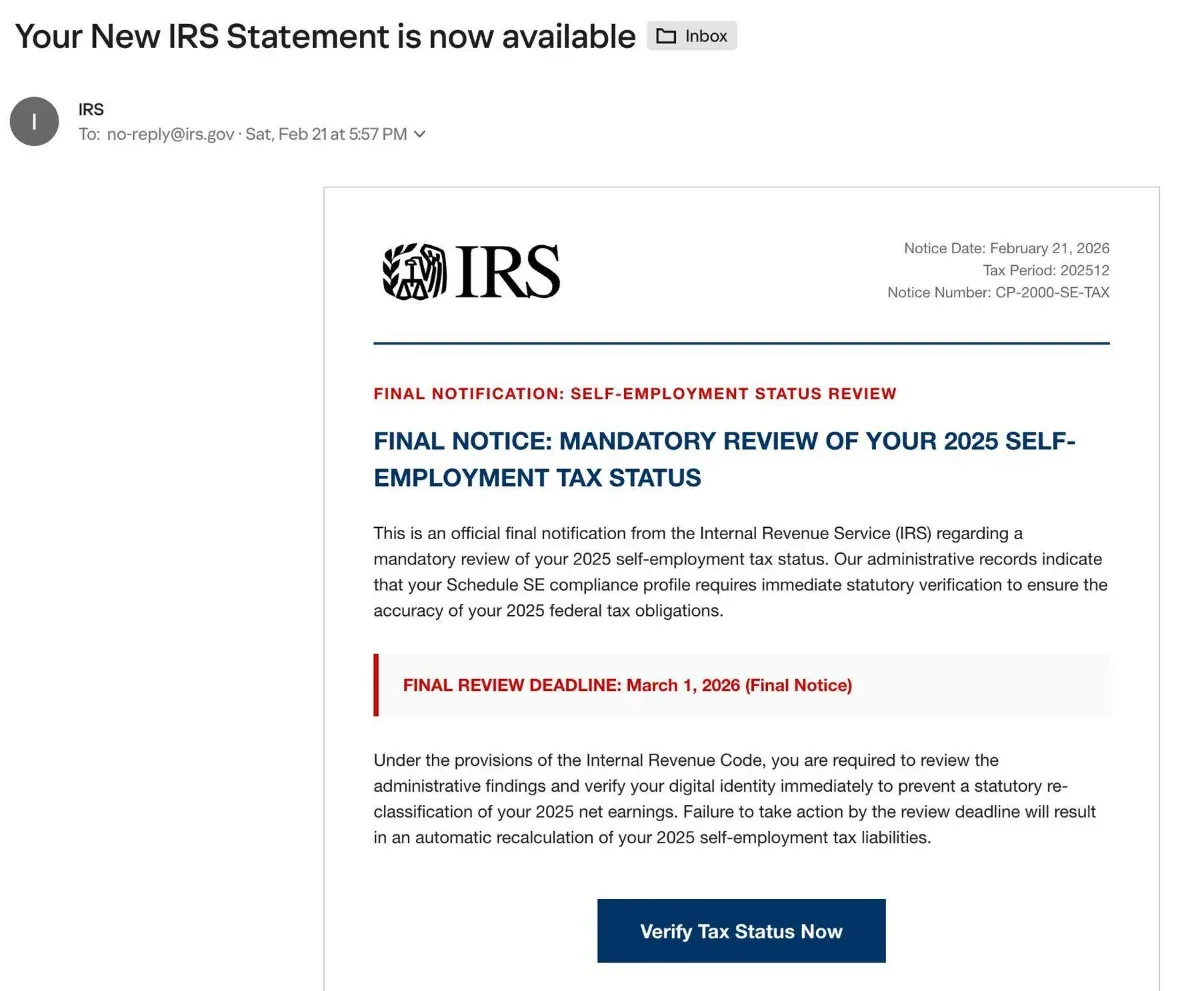 Alerta urgente: Correos falsos del IRS pidiendo “verificación de impuestos” son estafas de phishing