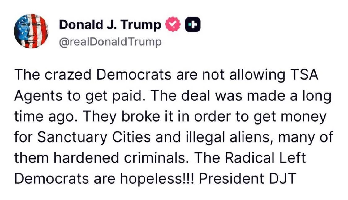 Tổng thống Trump chỉ trích đảng Dân Chủ vì vấn đề lương TSA và tình trạng ùn tắc tại sân bay