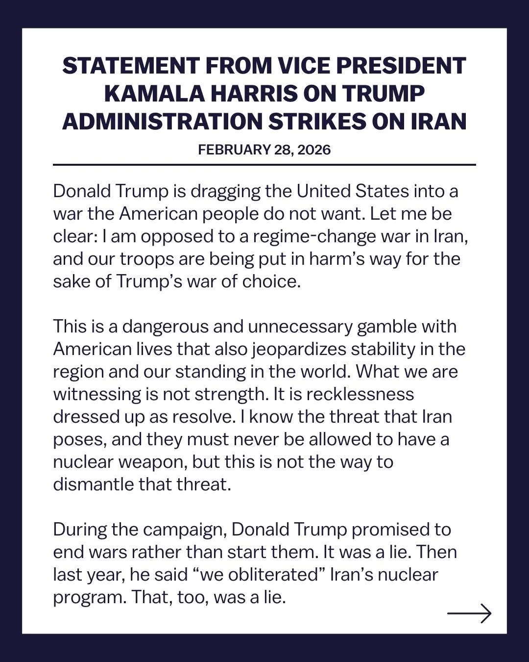 Statement by Vice President Kamala Harris on the Trump Administration’s Airstrikes Against Iran